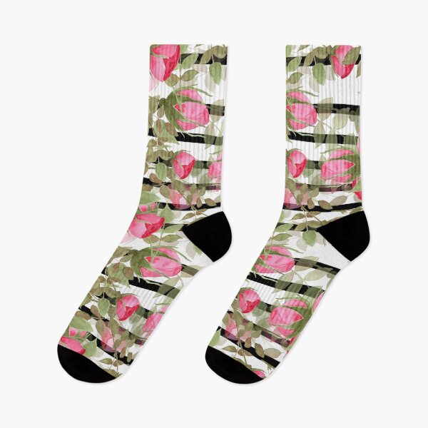 Item preview, Watercolor . Buds of roses on a striped black and white background .  designed and sold by fuzzyfox.