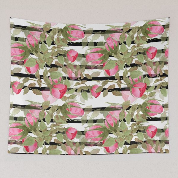 Item preview, Watercolor . Buds of roses on a striped black and white background .  designed and sold by fuzzyfox.
