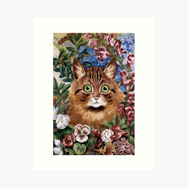 Artikel-Vorschau von  Katzenbesitzer und Bewunderer der Vintage-Katzenkunst zeigen eine liebevoll restaurierte Illustration des berühmten englischen Katzenkünstlers Louis Wain. Im Mittelpunkt steht eine wunderschöne braune Katze mit riesigen grünen Augen, die den Betrachter a, designt und verkauft von simpsonvisuals.