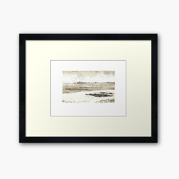 Old etching of landscape of river and field stream town and clouds Print Framed Art Print