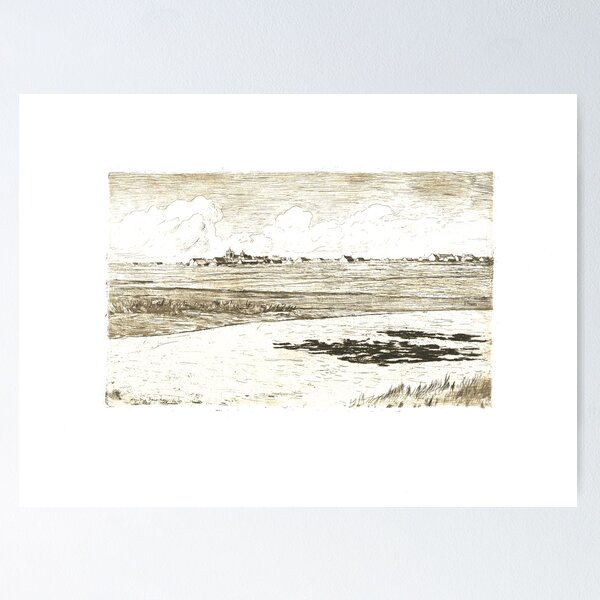 Item preview, Old etching of landscape of river and field stream town and clouds Print designed and sold by simpson92.