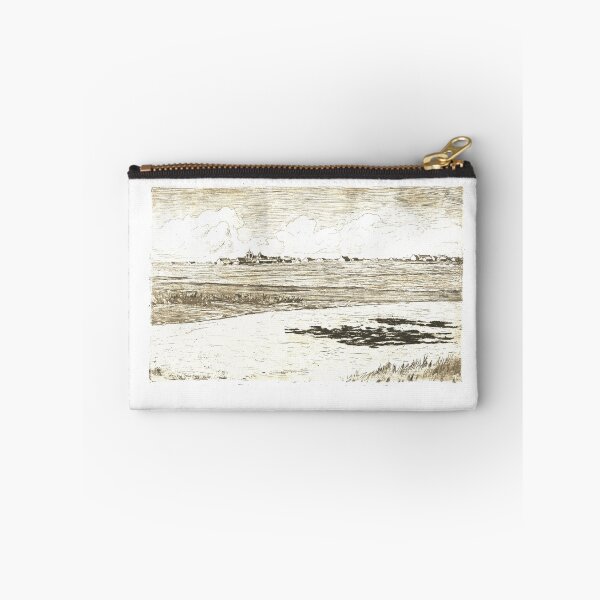 Item preview, Old etching of landscape of river and field stream town and clouds Print designed and sold by simpson92.