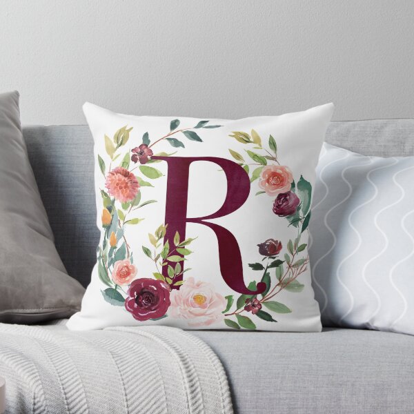 Floral Wreath Monogram - R Throw Pillow