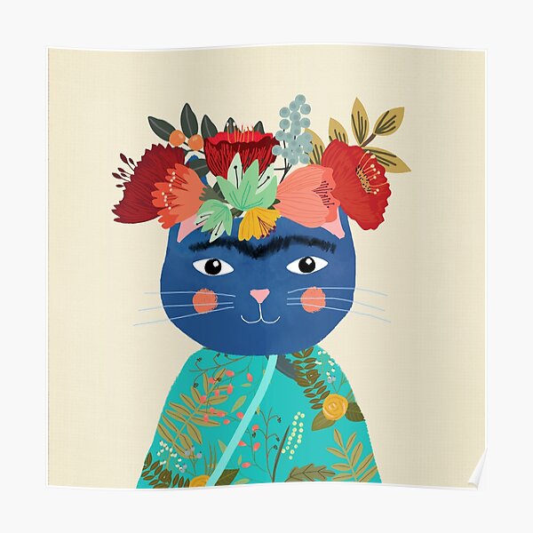 Frida cat with flower crown by Mia Charro Poster
