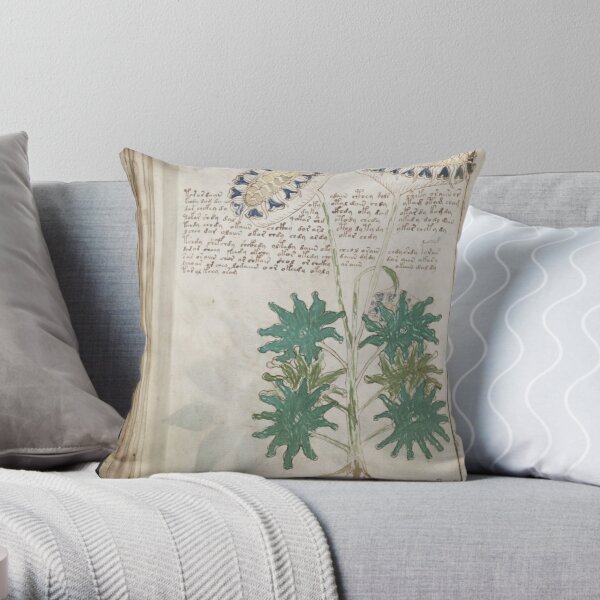 Voynich Manuscript. Illustrated codex hand-written in an unknown writing system Throw Pillow