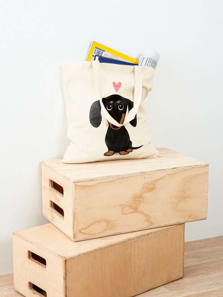 Alternate view of Black and Tan Dachshund with Heart | Cute Cartoon Wiener Dog Tote Bag
