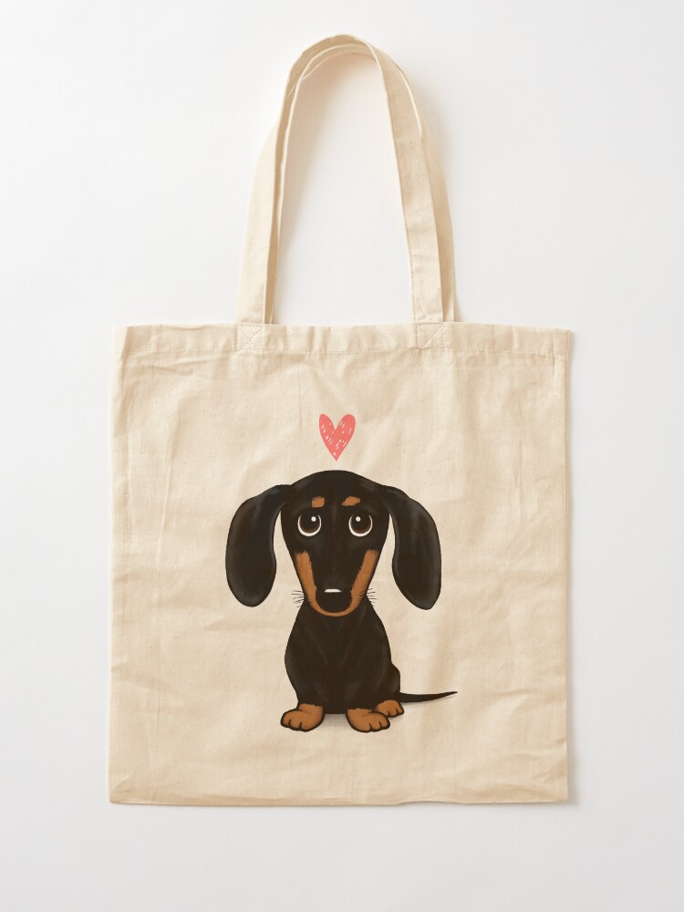 Alternate view of Black and Tan Dachshund with Heart | Cute Cartoon Wiener Dog Tote Bag