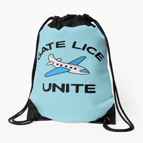 Gate Lice Unite frequent flyer message, with cartoon airplane, for the crowds in the boarding process at airport terminals Drawstring Bag