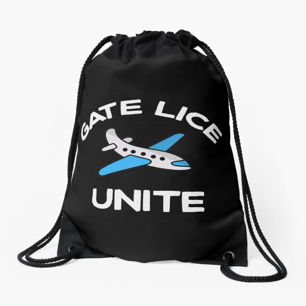 Gate Lice Unite frequent flyer message, with cartoon airplane Drawstring Bag