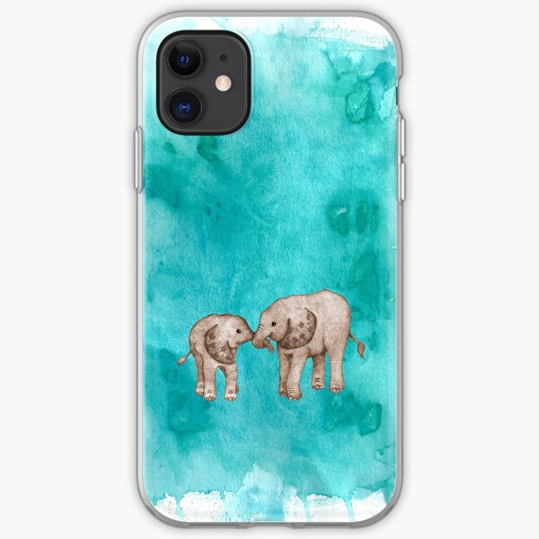 Baby Elephant Love - sepia on teal watercolour iPhone Soft Case