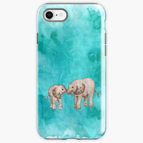 Baby Elephant Love - sepia on teal watercolour iPhone Tough Case