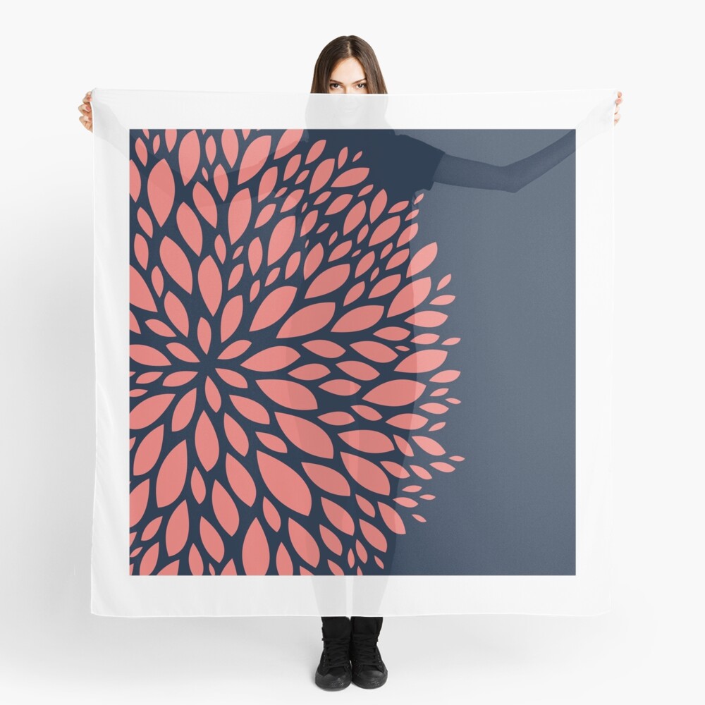 Navy Blue and Coral Flower Design Scarf