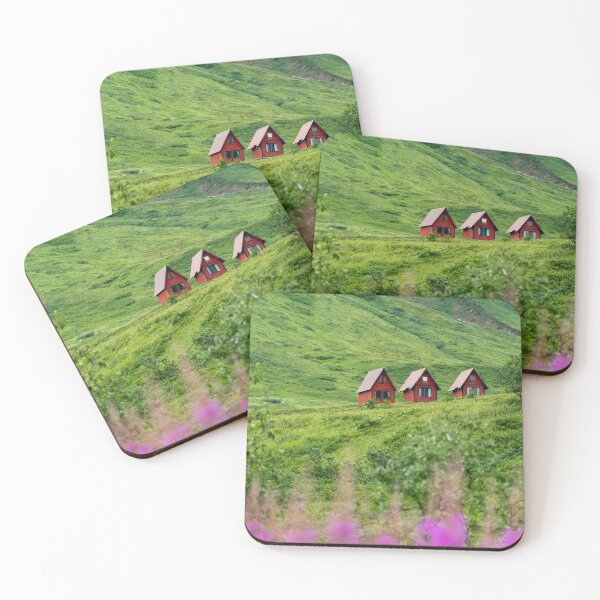 Item preview, Red cabins sit in the green grassy mountains of Alaska's Hatcher Pass near Independence Mine. Purple fireweed wildflowers designed and sold by mkopka.