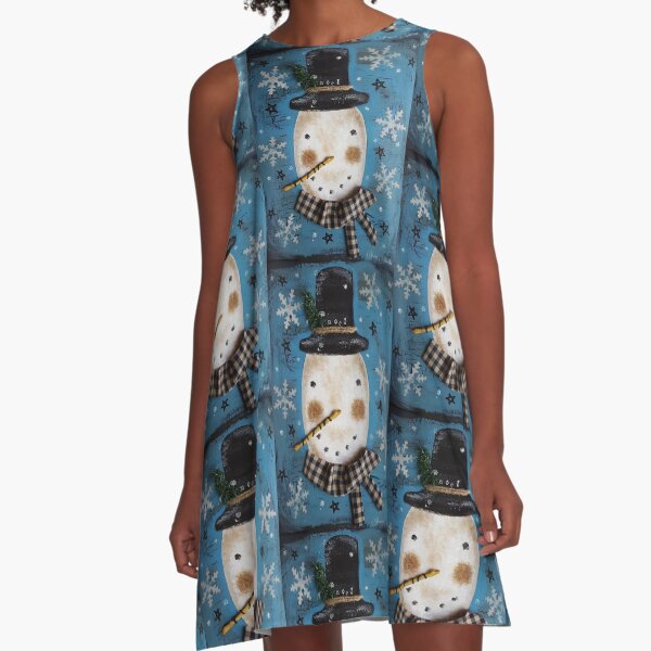 Frosty Primitive Snowman A-Line Dress