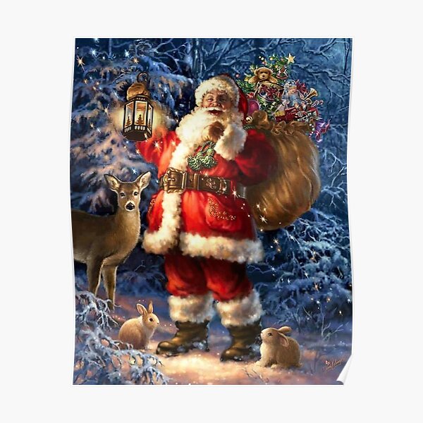 Vintage Santa In The Snow With Toys And Deer Poster