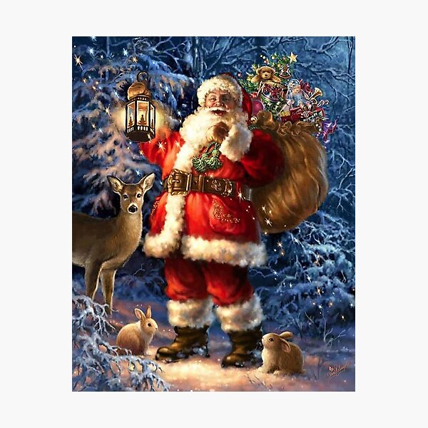 Vintage Santa In The Snow With Toys And Deer Photographic Print