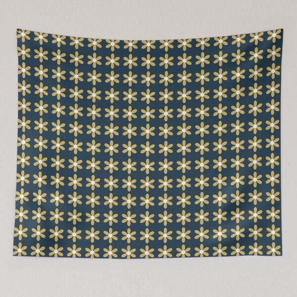 Item preview, Daisy Puff Papercut in Dijon Mustard Yellow on Navy Blue Solid. Textured Minimalist Retro Floral Design designed and sold by kierkegaard.