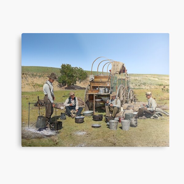 Texas cowboys in 1900 — a chuckwagon lunch during a cattle roundup Metal Print