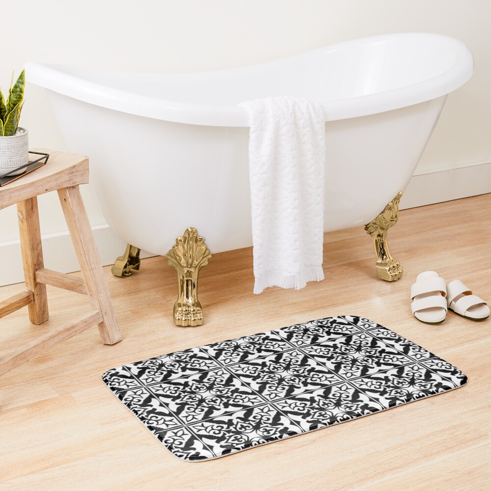 Moroccan Tile, Black and White Bath Mat