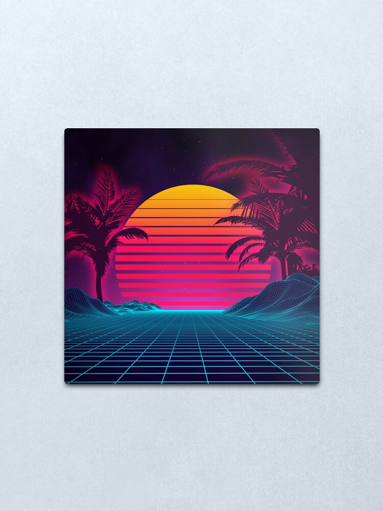 Alternate view of Retrowave 80's Sunset Palm Tree Landscape Metal Print