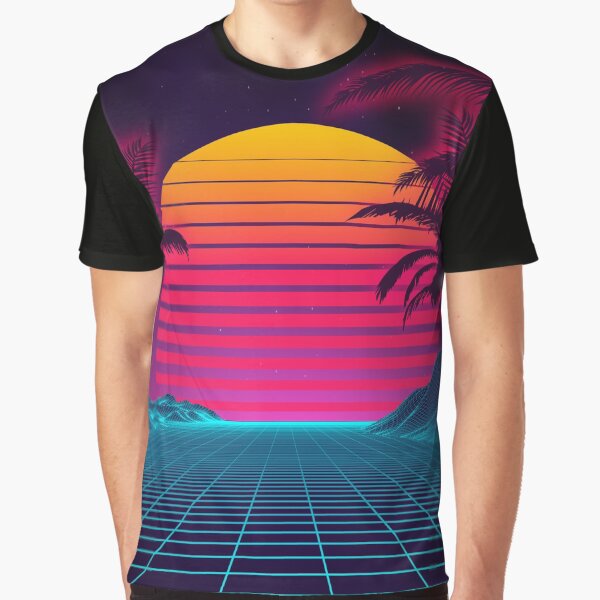 Artikel-Vorschau von Retrowave 80er Sonnenuntergang Palmenlandschaft, designt und verkauft von Starquake.