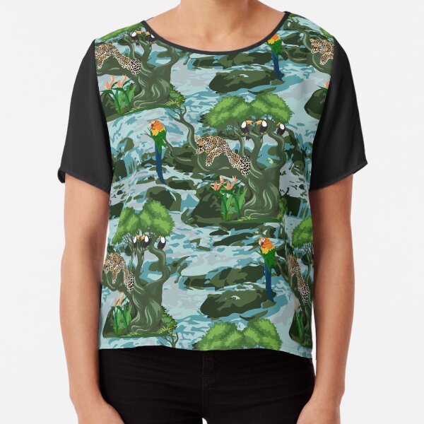 Tropical Rainforest with relaxed Leopard on tree, Macaw and Toucans Chiffon Top