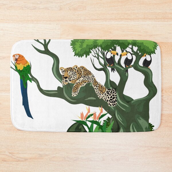 Item preview, Tropical Rainforest with relaxed Leopard on tree, Macaw and Toucans designed and sold by winkeltriple.