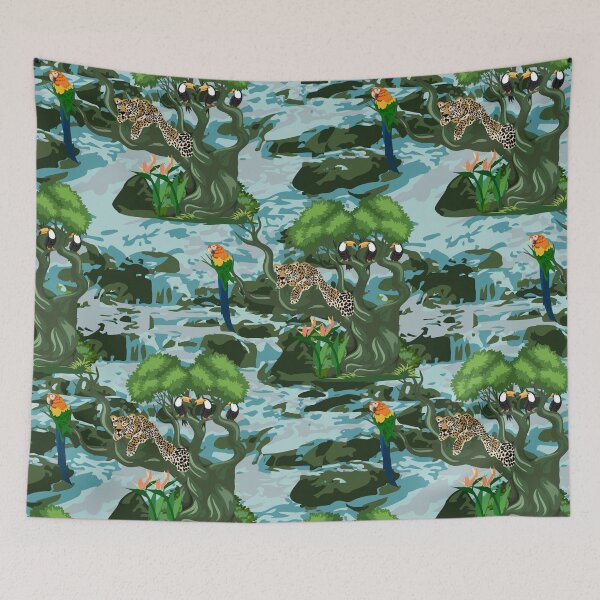 Item preview, Tropical Rainforest with relaxed Leopard on tree, Macaw and Toucans designed and sold by winkeltriple.