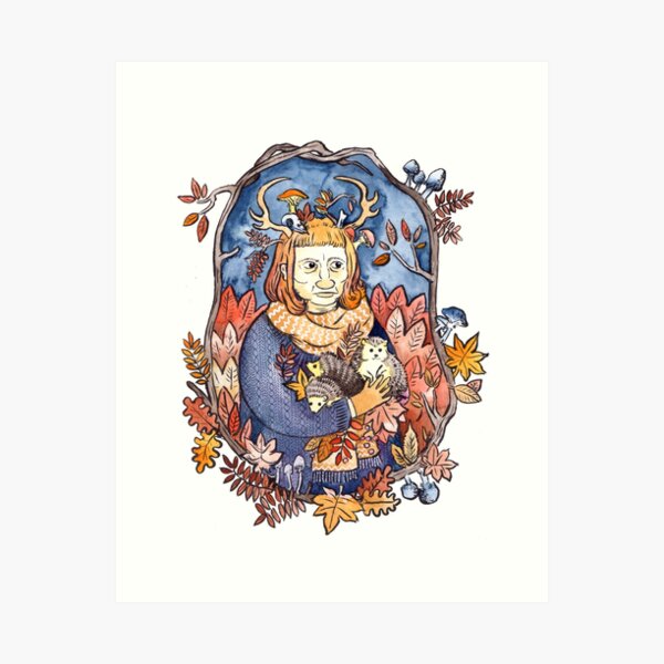 The Lady of Autumn - Woodland Spirit with Fall Leaves and Hedgehogs Art Print