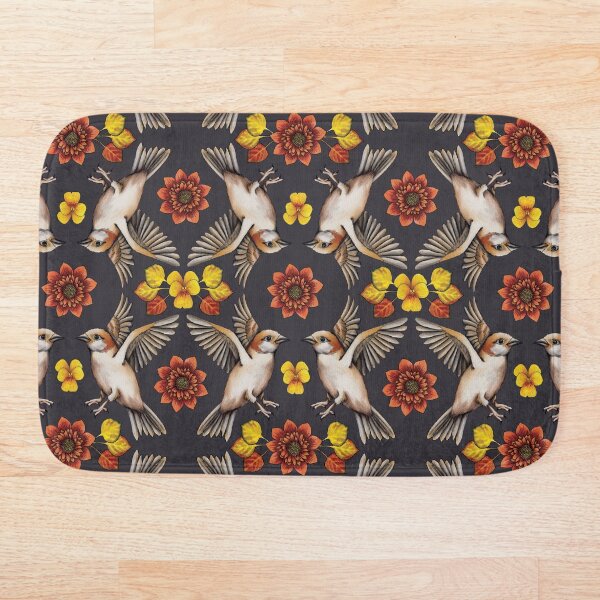 Autumn Sparrows with Flowers & Leaves Bath Mat