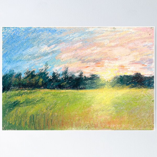 Item preview, Paul Huet A Meadow at Sunset Natural Scene in pastel designed and sold by Kyle Hamar.