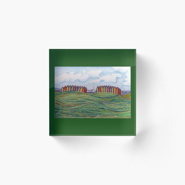 463 - BEACH CHALETS AT BLYTH - DAVE EDWARDS - COLOURED PENCILS - 2019 Acrylic Block