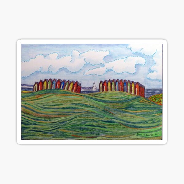 463 - BEACH CHALETS AT BLYTH - DAVE EDWARDS - COLOURED PENCILS - 2019 Sticker