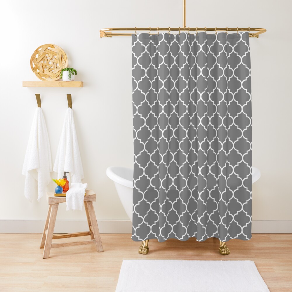 Grey And White Quatrafoil Pattern Water Resistant Shower Curtain With Shower... 