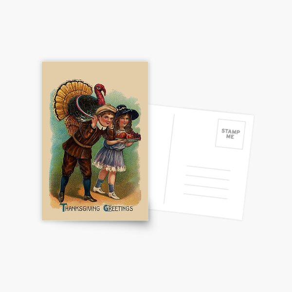Vintage Thanksgiving Boy And Girl With Turkey Postcard