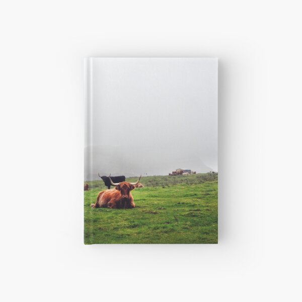 Highland cattle grazing on the misty coast of Islay, Scotland Hardcover Journal
