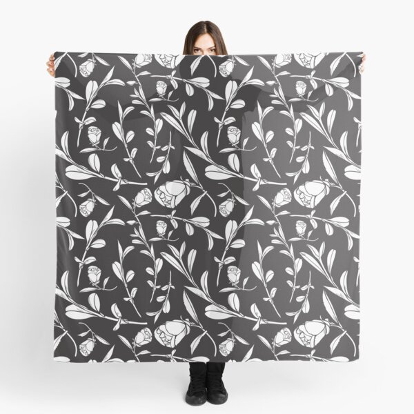 Black & White Floral Pattern with Camellias and Leaves Scarf
