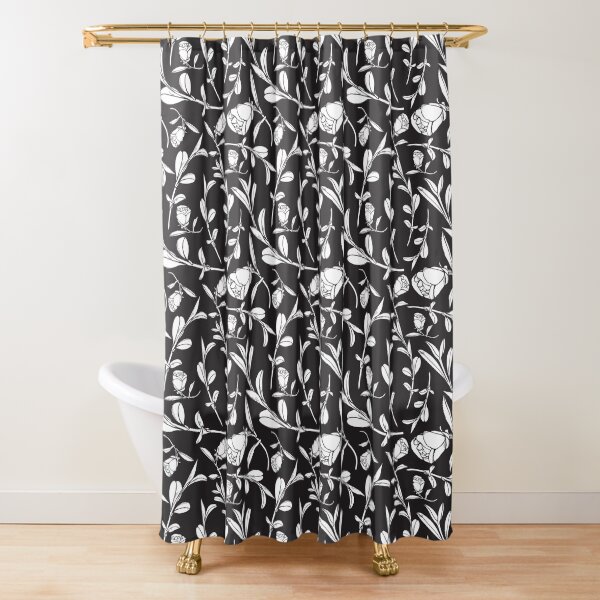 Black & White Floral Pattern with Camellias and Leaves Shower Curtain