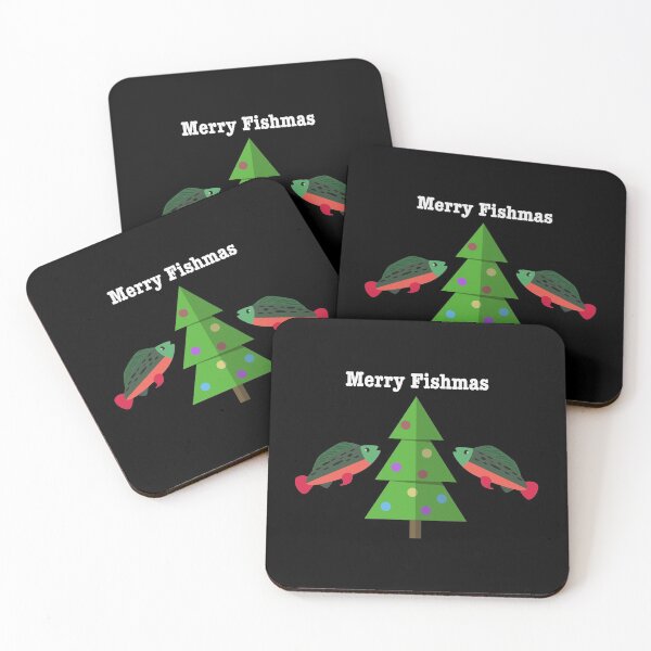 Item preview, Merry Fishmas (Christmas pun) for Fisherman and fishing sports hobbies, with two sockeye salmon (or rainbow trout) fish and a Christmas tree designed and sold by mkopka.