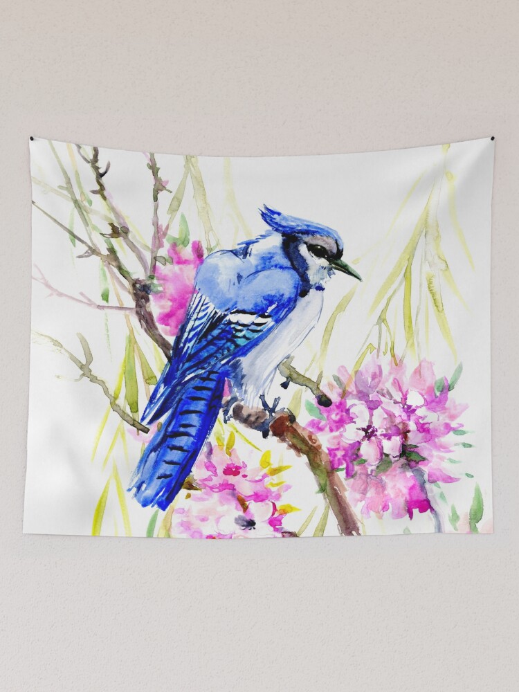 Premium Photo  Blue jay in pink poppy flowers watercolor