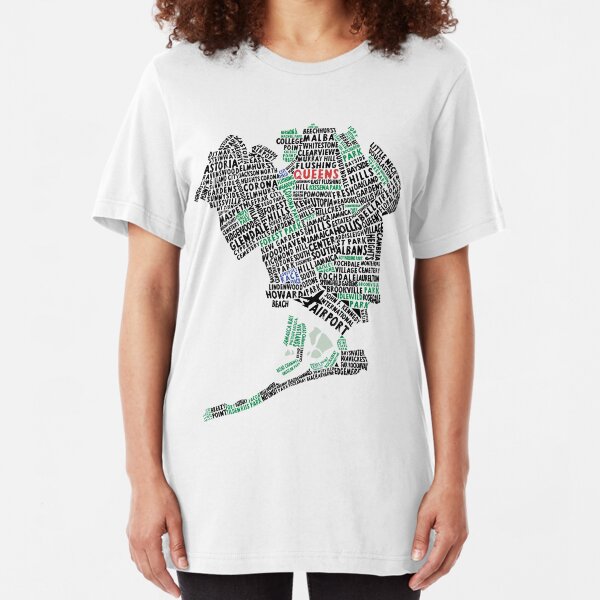 Queens New York Map Typography Slim Fit T-Shirt