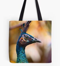 Perfectly poised and proud Peacock with plumage aplenty posing for pictures in profile Tote Bag