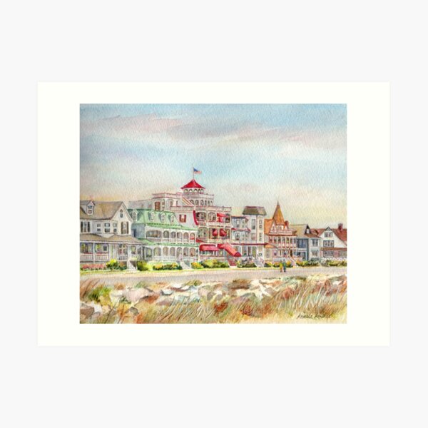 Cape May Promenade, Jersey Shore. From watercolor by Pamela Parsons of the historic architecture of Cape May, New Jersey. Art Print