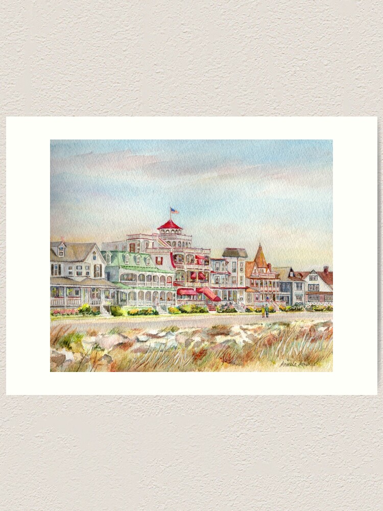 Alternate view of Cape May Promenade, Jersey Shore. From watercolor by Pamela Parsons of the historic architecture of Cape May, New Jersey. Art Print