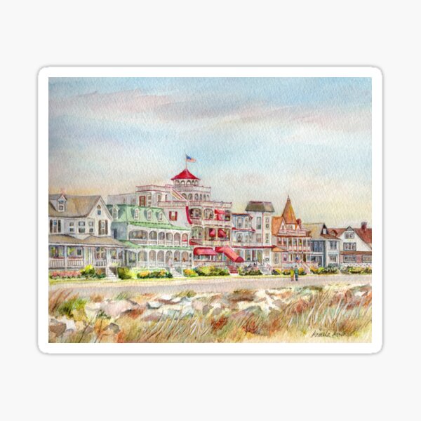 Cape May Promenade, Jersey Shore. From watercolor by Pamela Parsons of the historic architecture of Cape May, New Jersey. Sticker