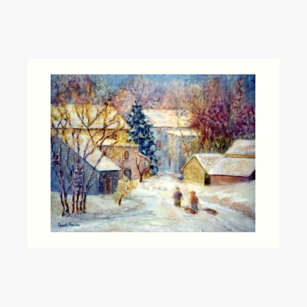 Snow Day, Children sledding in Carversville, Bucks County, PA, A Winter holiday print. Art Print