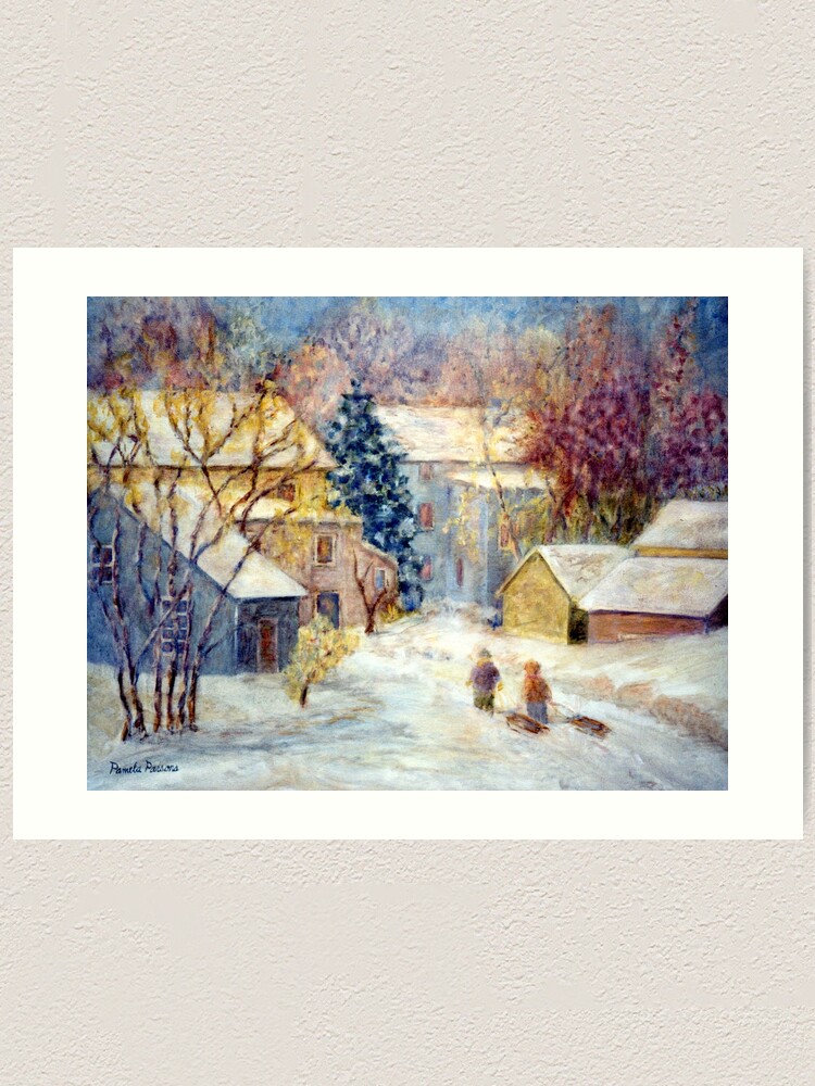 Alternate view of Snow Day, Children sledding in Carversville, Bucks County, PA, A Winter holiday print. Art Print