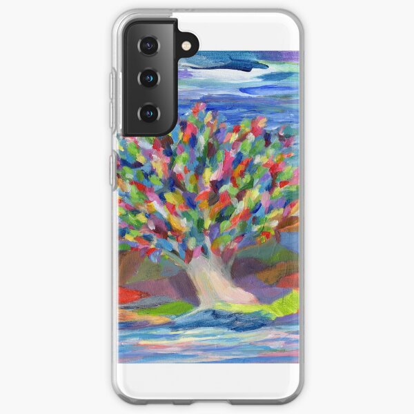 Dream Tree, grow your hopes and dreams. A rainbow leaved tree grows on a rocky coast by the sea in this colorful acrylic daydream. Samsung Galaxy Soft Case