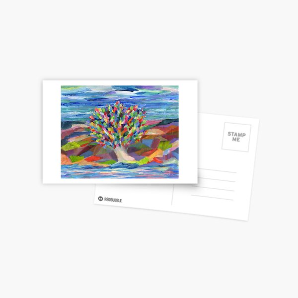 Dream Tree, grow your hopes and dreams. A rainbow leaved tree grows on a rocky coast by the sea in this colorful acrylic daydream. Postcard