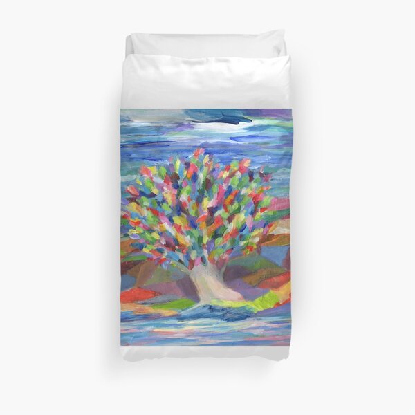 Dream Tree, grow your hopes and dreams. A rainbow leaved tree grows on a rocky coast by the sea in this colorful acrylic daydream. Duvet Cover